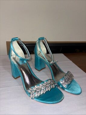 GORGEOUS! BLUE Satin Heels with crystals three inch block heel